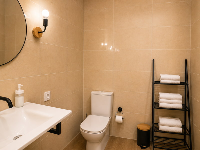 Apartamento by Cozycatalonia | Vista del baño Baño moderno con ducha abierta y acabados en tonos cálidos