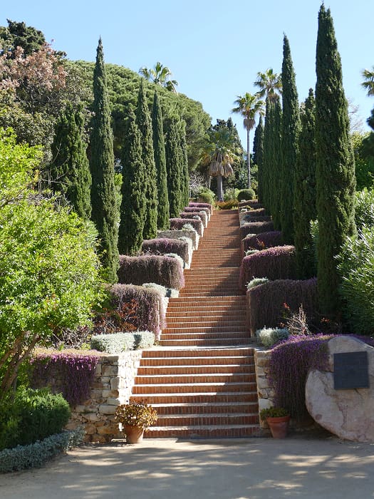 Escalinata rodeada de vegetación mediterránea y cipreses