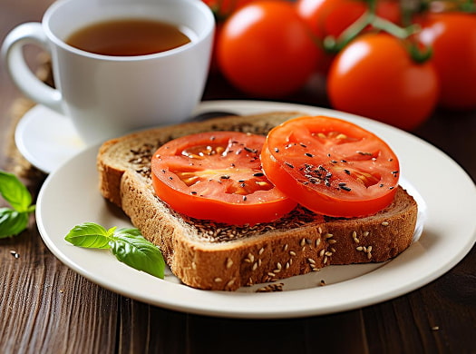 Tostada con tomate natural acompañada de café caliente