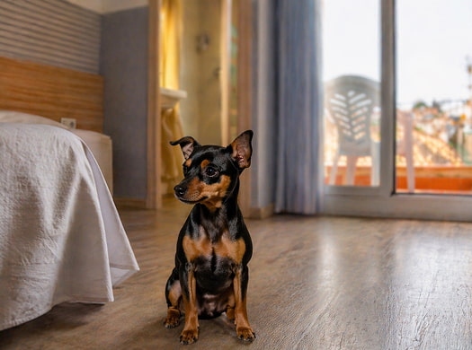 Mascota en una habitación luminosa con terraza exterior