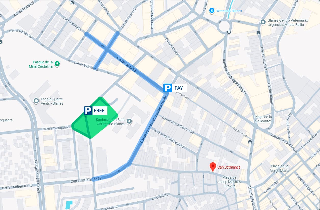 Plano con zonas de aparcamiento gratuito y de pago cerca del alojamiento