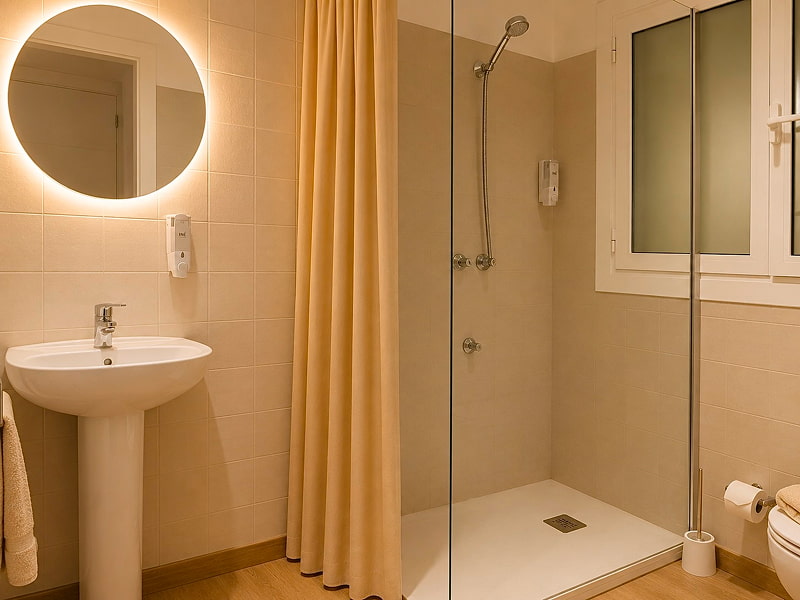 Baño moderno con ducha amplia y acabados en tonos neutros