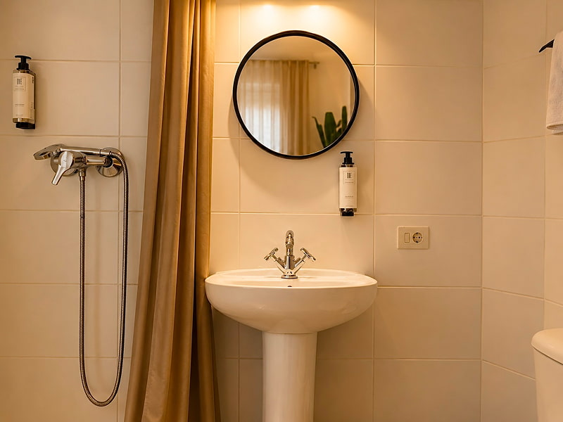 Baño moderno con ducha y acabados en tonos neutros